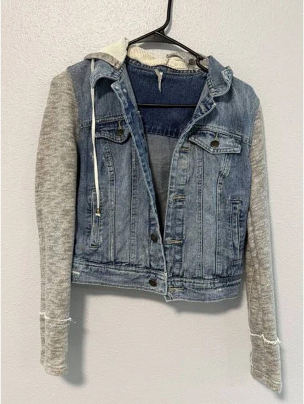 #6155 Denim Hooded Jacket with Gray Knit Sleeves Size XS